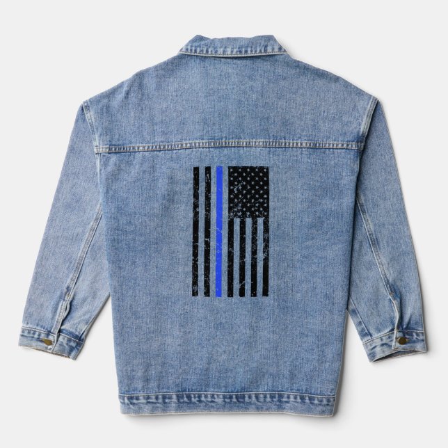 Thin Blue Line - Police Officer - Distressed Flag  Denim Jacket (Back)