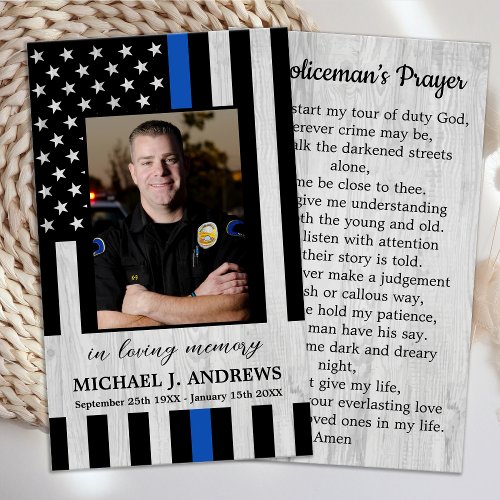 Thin Blue Line Police Officer Memorial Prayer Card