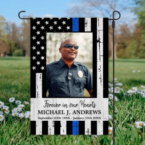 Thin Blue Line Police Officer Photo Memorial  Garden Flag