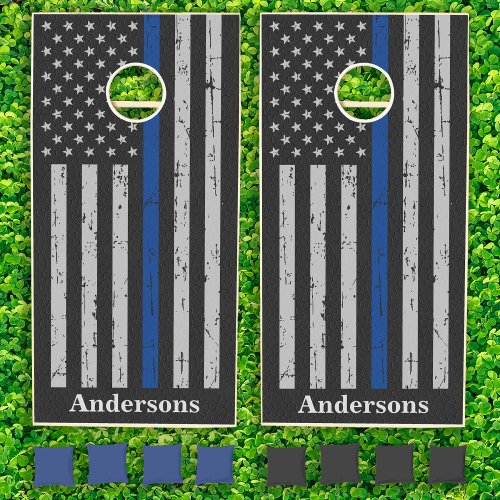 Thin Blue Line Police Officer Vintage USA Flag Cornhole Set
