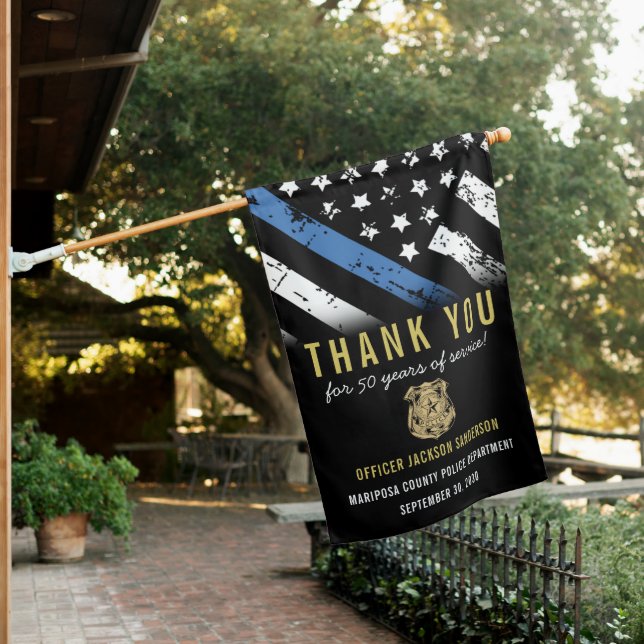 Thin Blue Line Police Retirement Anniversary House Flag (In SItu)
