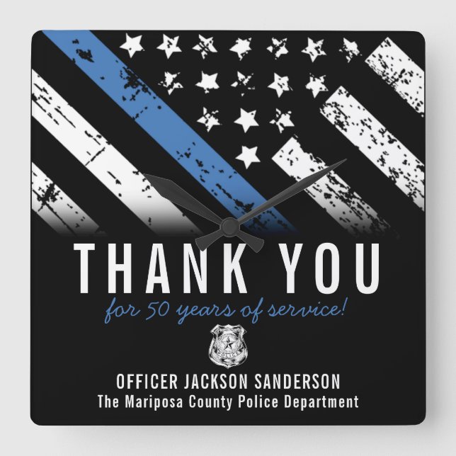 Thin Blue Line Police Retirement Anniversary Square Wall Clock (Front)