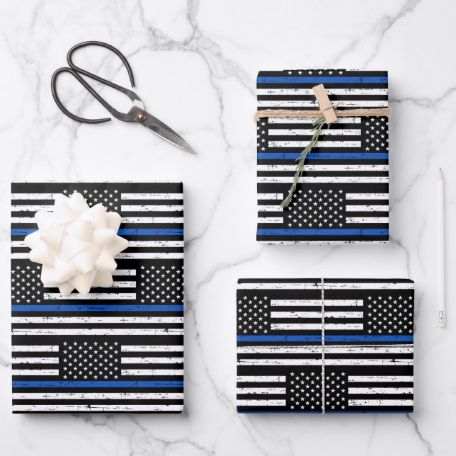 Thin Blue Line Police Retirement Law Enforcement Wrapping Paper Sheets (Front)