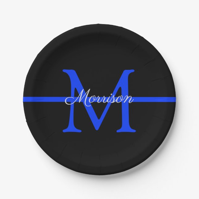 Thin Blue Line Police Retirement Party Monogram Paper Plates (Front)