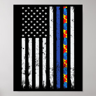 Thin Blue Line Police Support Autism 4th July Mom  Poster