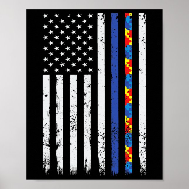 Thin Blue Line Police Support Autism 4th July Mom  Poster (Front)