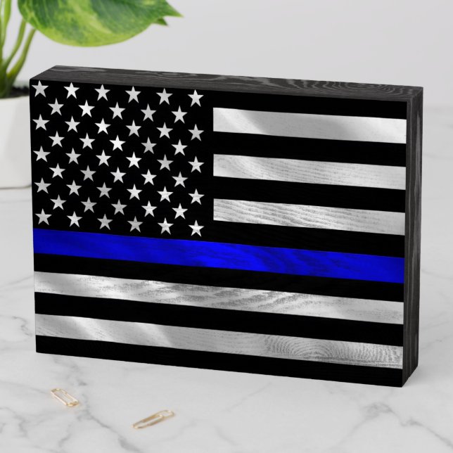Thin Blue Line Police Support Flag Wooden Box Sign (In Situ Horizontal)