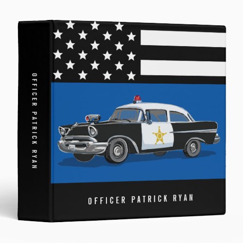 Thin Blue Line Police Vintage Car w Flag Monogram 3 Ring Binder
