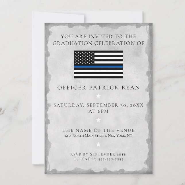 Thin Blue Line Silver Police Flag Graduation Party Invitation (Front)