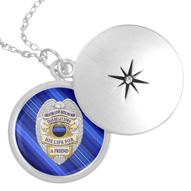 Thin Blue Line Stripes & Badge Locket Necklace (Front)