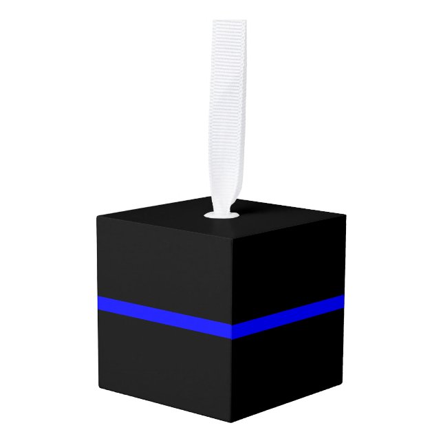 Thin Blue Line Symbolic Memorial on a Cube Ornament (Front Angled)
