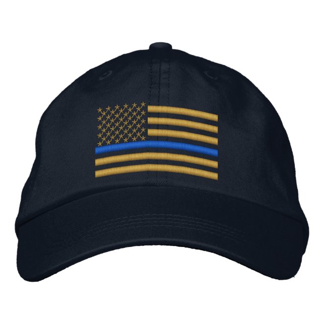 Thin Blue Line US Flag in Gold Embroidered Baseball Cap (Front)