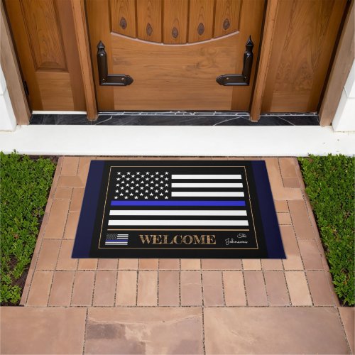 Thin Blue Line USA  American Flag police Welcome  Doormat