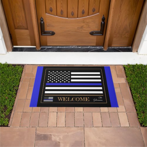 Thin Blue Line USA  American Flag police Welcome Doormat