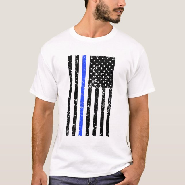 Thin Blue Line - USA Flag - Distressed Police T-Shirt (Front)
