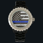 *~* Thin Blue Line USA Flag Police Officer Woman's Watch<br><div class="desc">* Powerful Timepiece Police Officer Woman's Rhinestone with Black Enamel Watch Band Strap. * The design is a Police Dedicated design of a Thin Blue Line Flag. * This design features the USA Flag American Flag also known as Old Glory and Stars and Stripes. It is altered to honor our...</div>
