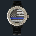 *~* Thin Blue Line USA Flag Police Officer Woman's Watch<br><div class="desc">* Powerful Timepiece Police Officer Woman's Rhinestone with Black Enamel Watch Band Strap. * The design is a Police Dedicated design of a Thin Blue Line Flag. * This design features the USA Flag American Flag also known as Old Glory and Stars and Stripes. It is altered to honor our...</div>