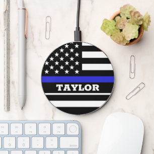 Thin Blue Line & USA personalized police flag Wireless Charger