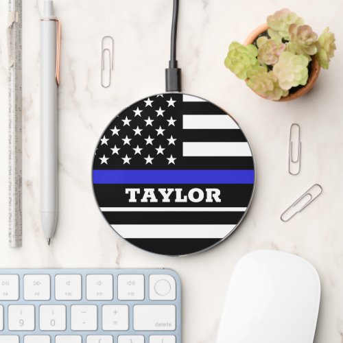 Thin Blue Line  USA personalized police flag Wireless Charger