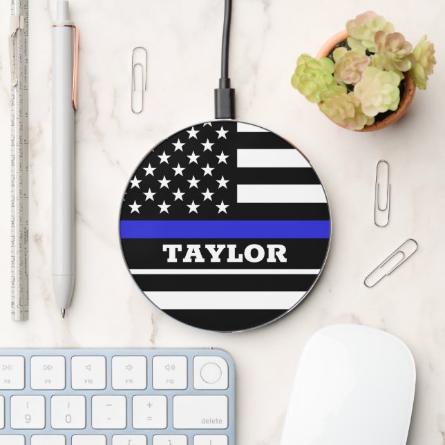 Thin Blue Line & USA personalized police flag Wireless Charger (Desk)
