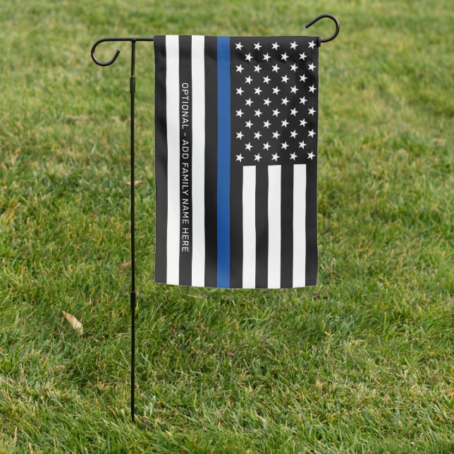 Thin Blue Line with Optional Text in white Garden Flag (In SItu)