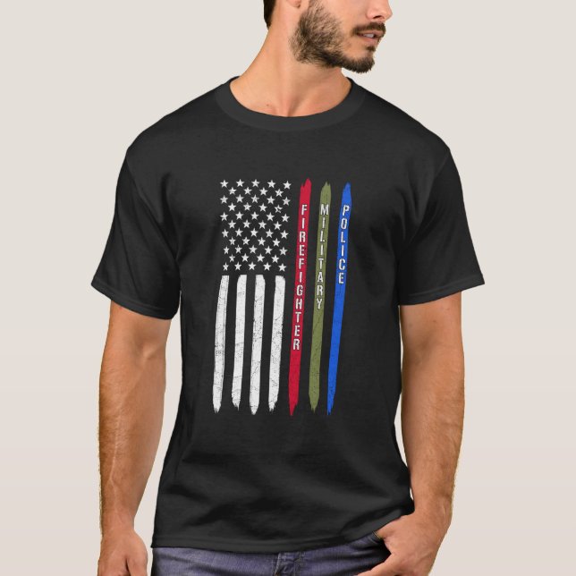 Thin Blue Red Green Line American Flag Police Mili T-Shirt (Front)