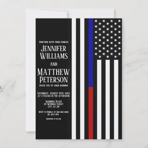 Thin BlueRed Line Flag Wedding Invitation