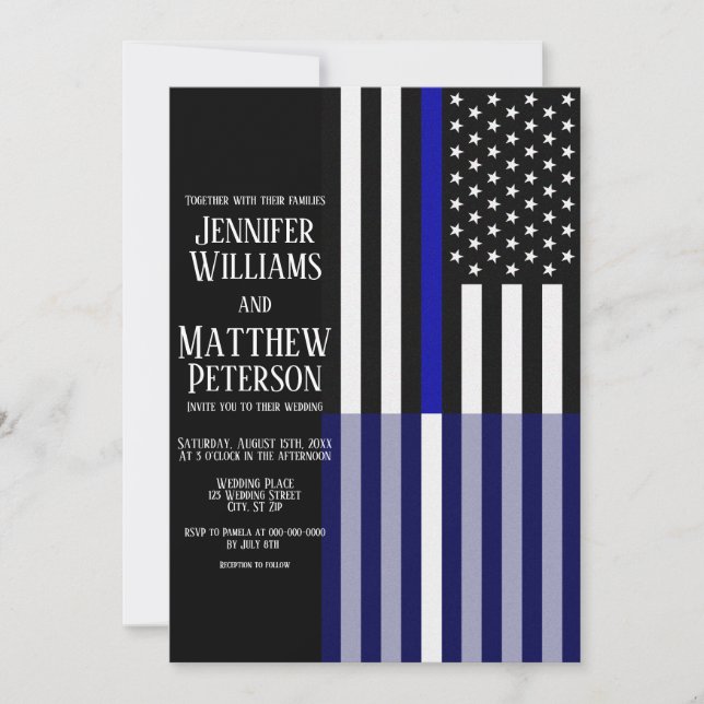 Thin Blue/White Line Flag Wedding Invitation (Front)