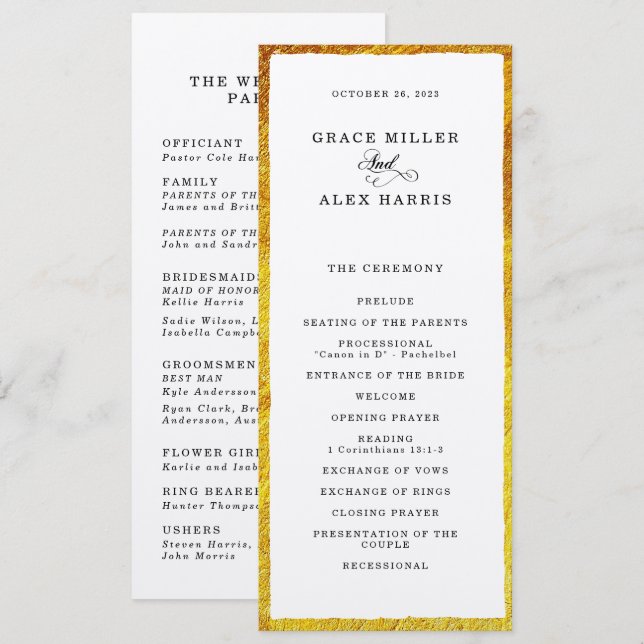 Thin faux gold border wedding program (Front/Back)