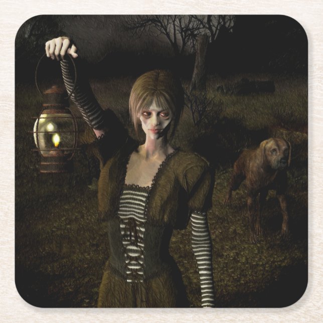 Thin female carrying lamp square paper coaster (Front)