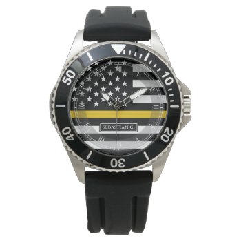 Thin Gold Line Dispatcher Flag Custom Name Watch by HappyPlanetShop at Zazzle
