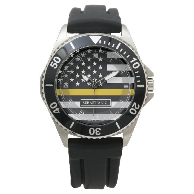 Thin Gold Line Dispatcher Flag Custom Name Watch (Front)