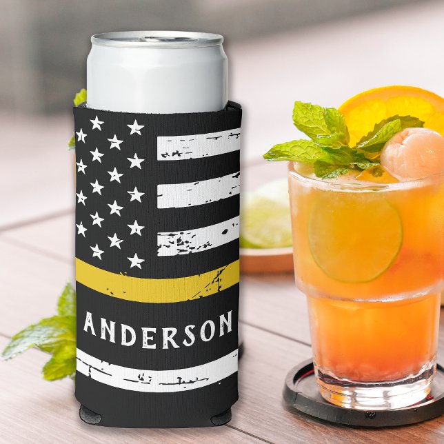 Thin Gold Line Flag Personalized 911 Dispatcher Seltzer Can Cooler (Creator Uploaded)