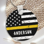 Thin Gold Line Flag Personalized Dispatcher Keychain<br><div class="desc">Thin Gold Line Flag Keychain - USA American flag design in Dispatcher Flag colors, distressed design . Perfect for all 911 dispatchers, police dispatchers and fire dispatchers. Personalize with dispatchers name.. This thin gold line keychain is perfect for a dispatcher retirement party favors, dispatcher thank you gift . COPYRIGHT ©...</div>