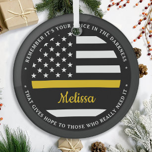 Thin Gold Line Personalized Flag 911 Dispatcher Glass Ornament