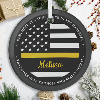 Thin Gold Line Personalized Flag 911 Dispatcher Glass Ornament by BlackDogArtJudy at Zazzle