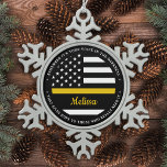 Thin Gold Line Personalized Flag 911 Dispatcher Snowflake Pewter Christmas Ornament<br><div class="desc">The Golden Glue That Holds It All Together. Personalized Thin Gold Line Ornament for 911 dispatchers and police dispatchers. Personalize this dispatcher ornament with name and year. This personalized dispatcher gift is perfect for police dispatcher appreciation, 911 dispatcher thank you gifts, and dispatcher retirement gifts or party favors. Order these...</div>