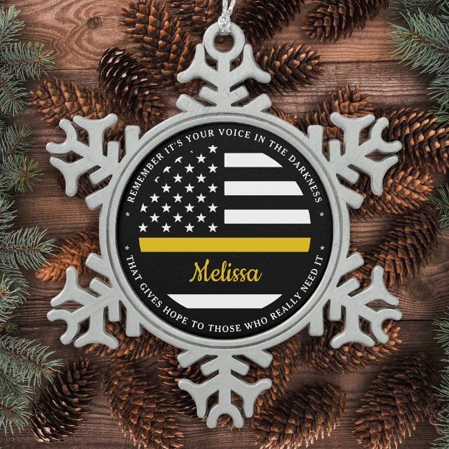 Thin Gold Line Personalized Flag 911 Dispatcher Snowflake Pewter Christmas Ornament (Creator Uploaded)