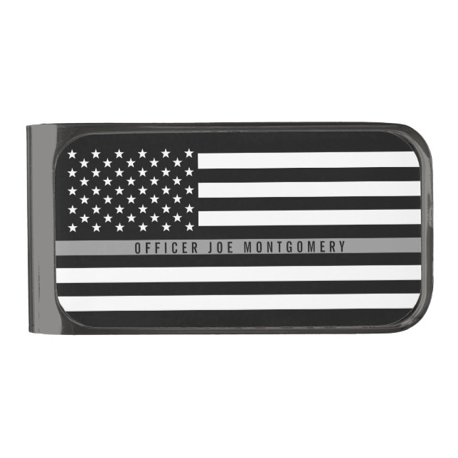 Thin Gray Line American Flag Monogram Gunmetal Finish Money Clip (Front)