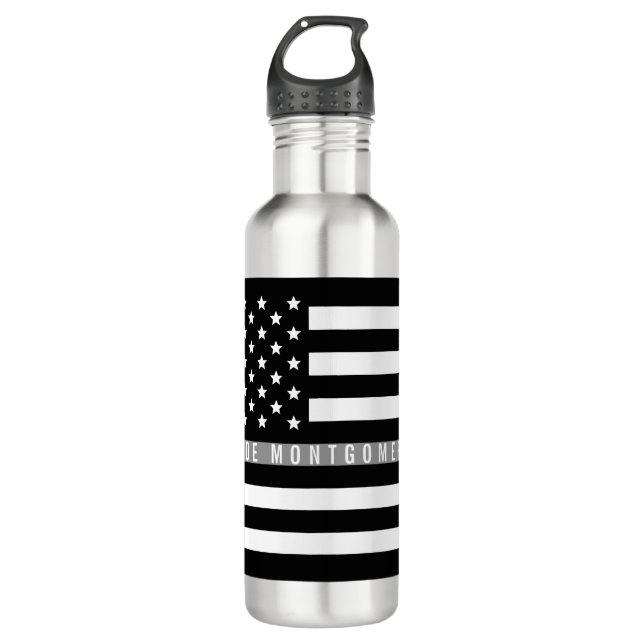Thin Gray Line American Flag Monogram Stainless Steel Water Bottle (Front)
