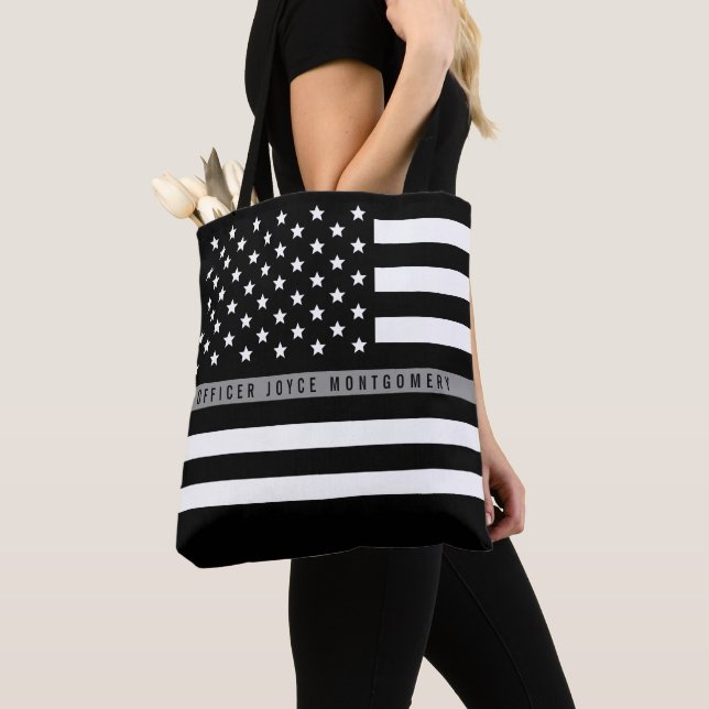 Thin Gray Line American Flag Monogrammed Name Tote Bag (Close Up)