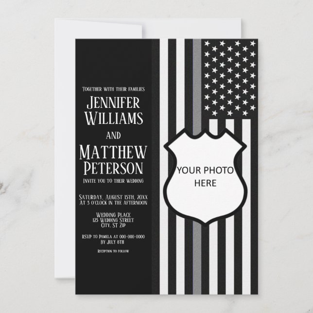 Thin Gray Line Badge Photo Insert Invitation (Front)