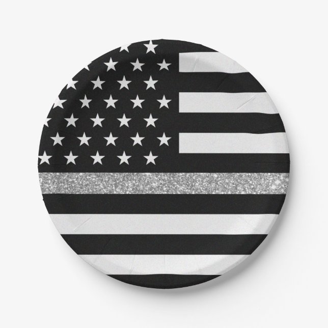 Thin Gray Line Glitter Flag Paper Plates (Front)