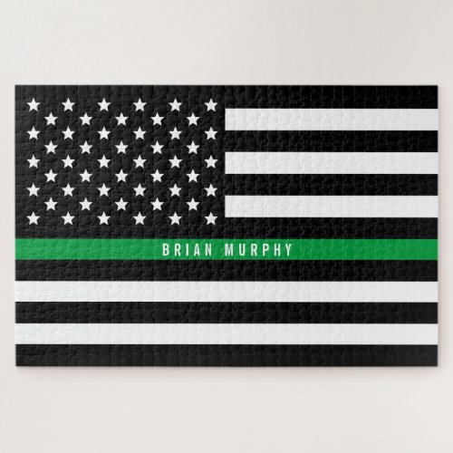 Thin Green Line American Flag Military Monogram Jigsaw Puzzle