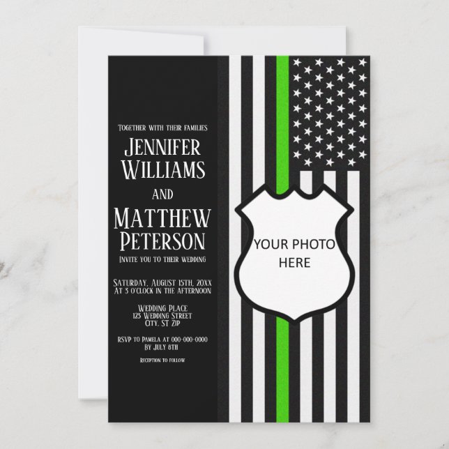Thin Green Line Badge Photo Insert Invitation (Front)