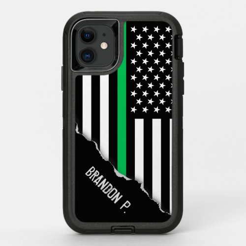 Thin Green Line Flag Custom Name OtterBox Defender iPhone 11 Case