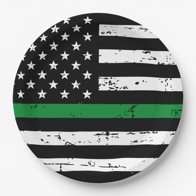 Thin Green Line Flag Military Retirement Party Paper Plates (Front)