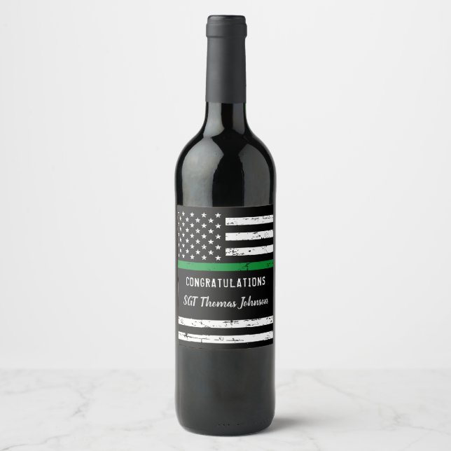 Thin Green Line Flag Military Retirement Party Wine Label (Front)