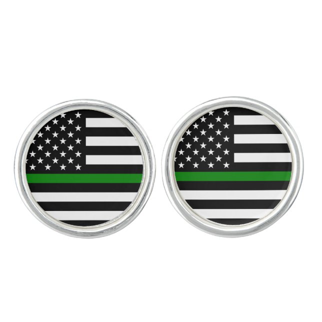 Thin Green Line Flag: Patriotic Military Veterans Cufflinks (Front)