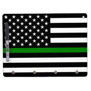 Thin Green Line Flag: Patriotic Military Veterans Dry Erase Board With Keychain Holder